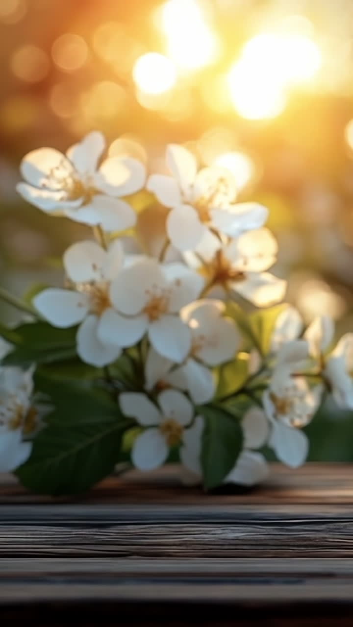 Flowers on a wooden table. White flowers rest on a worn wooden table as sunlight filters through trees in a vibrant garden during evening.