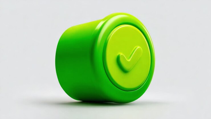 Capsula verde vivace con un simbolo di spunta che simboleggia l'approvazione o la conferma in un design elegante e minimalista, che mette in risalto l'estetica moderna e l'arte funzionale