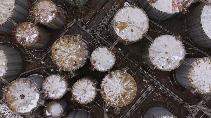 Industrial storage tanks with upward drone motion and rotation, slow-motion, 4K