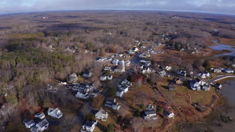 wide shot of small coastal village town in new england on atlantic coast