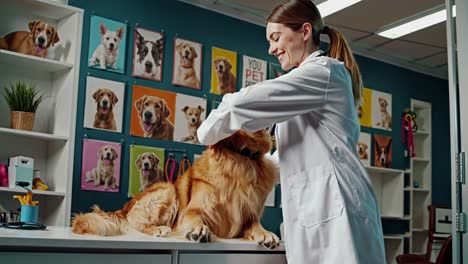 veterinarian examining a golden retriever