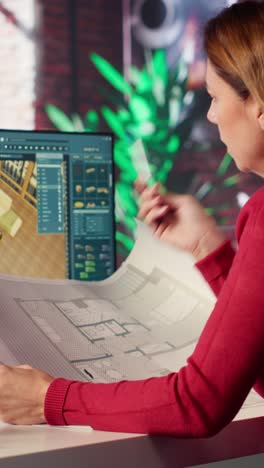 vertical video freelancer designer decorates apartment floor plan using blueprints on pc