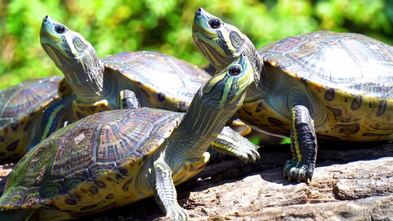 A Close Encounter with Nature: A Group of Turtles Gathering on a Log, Showcasing Their Unique Shell Patterns and Alert Expressions in a Beautiful Natural Setting