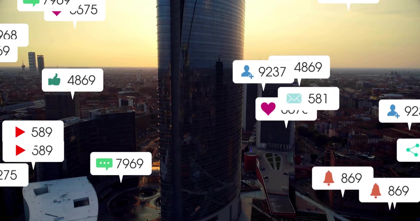Aerial shot revealing skyscraper, notifications floating multiplying and fading showing social buzz
