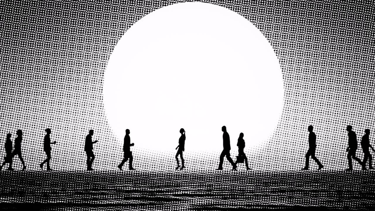 거대한 태양 앞에서 양방향으로  ⁇ 는 사람들의 실루 ⁇ 과 함께 하프톤 스타일의 애니메이션 , 3d 애니메이션, 하프톤 스타일의 애니메이션