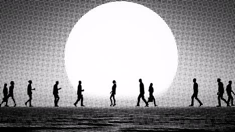 halftone style animation with people silhouettes walking in both directions infront of a huge sun , 3d animation, halftone style animation