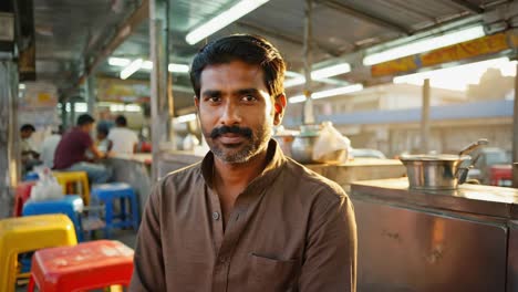 confident indian cook working in his street food stall, wearing a brown shirt, during a sunny day, with customers sitting on colorful chairs in the background