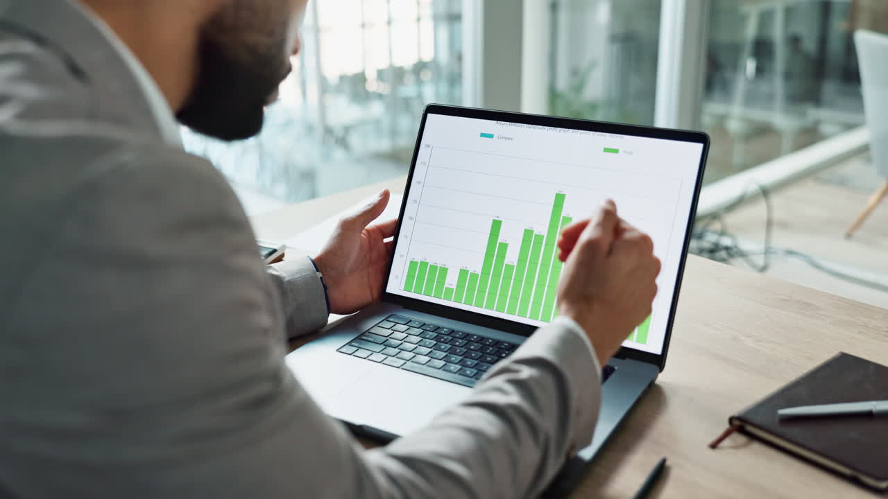 Hands, laptop and chart for business man