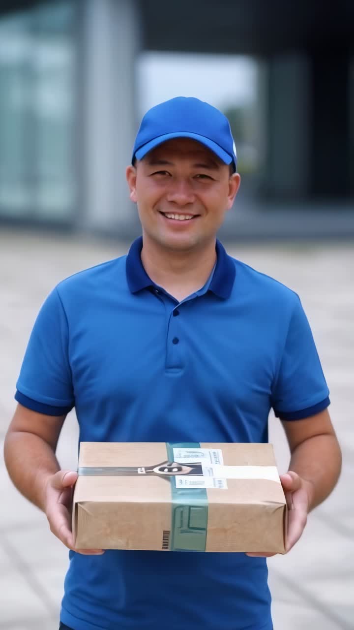 An asian delivery man wearing a blue polo shirt and a blue golf cap, holding a package