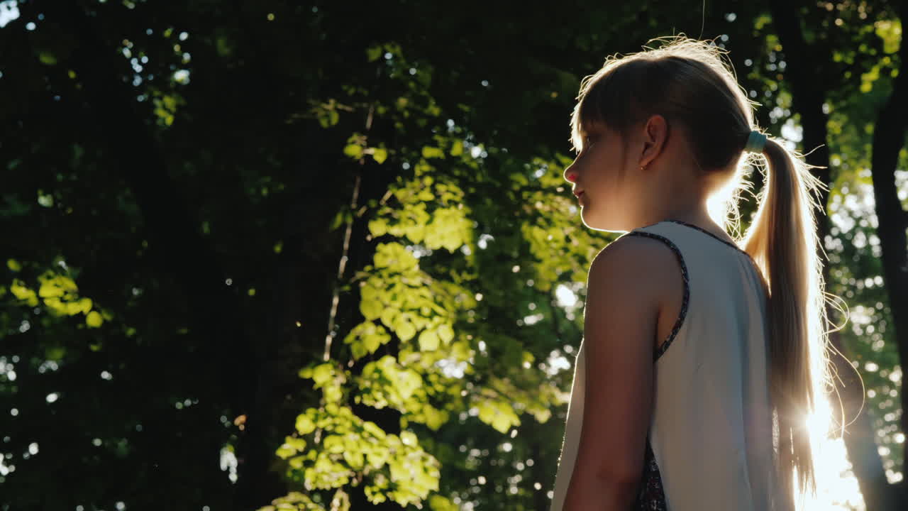 el niño se para en la viga el sol brilla en su rostro se pierde en un bosque de hadas