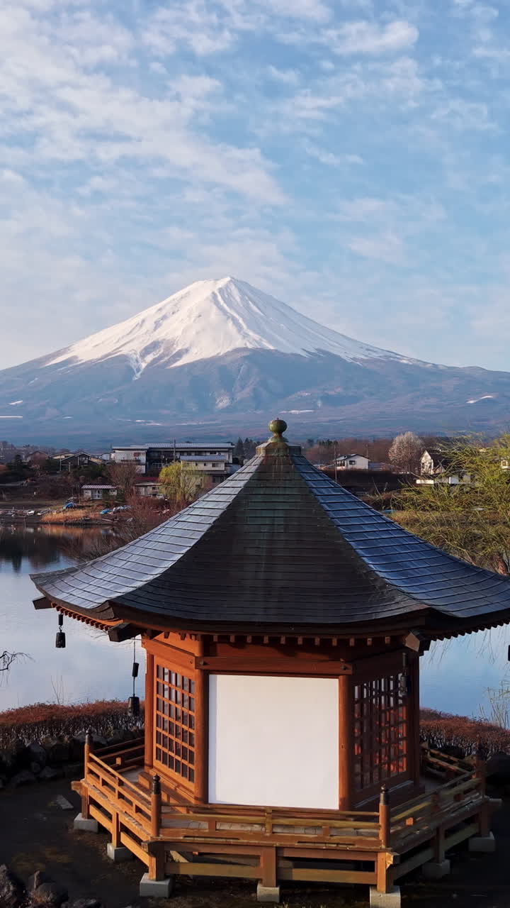 Aerial drone view of a temple with Mount Fuji on the background in Fujikawaguchiko, Japan