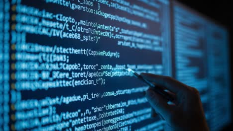 an intricate display of code: a close-up view of a hand engaging with lines of programming syntax on a digital screen in a modern tech environment