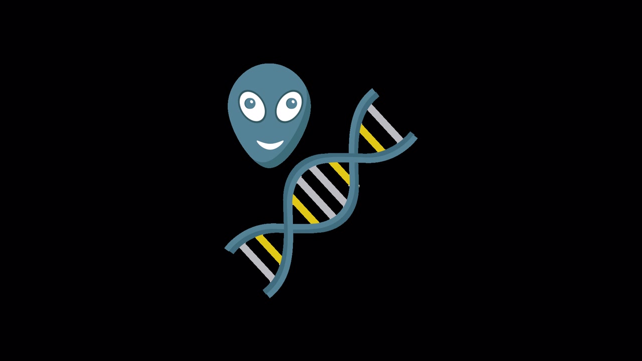 Cabeça de Alienígena Animada e Hélice de DNA em Fundo Preto