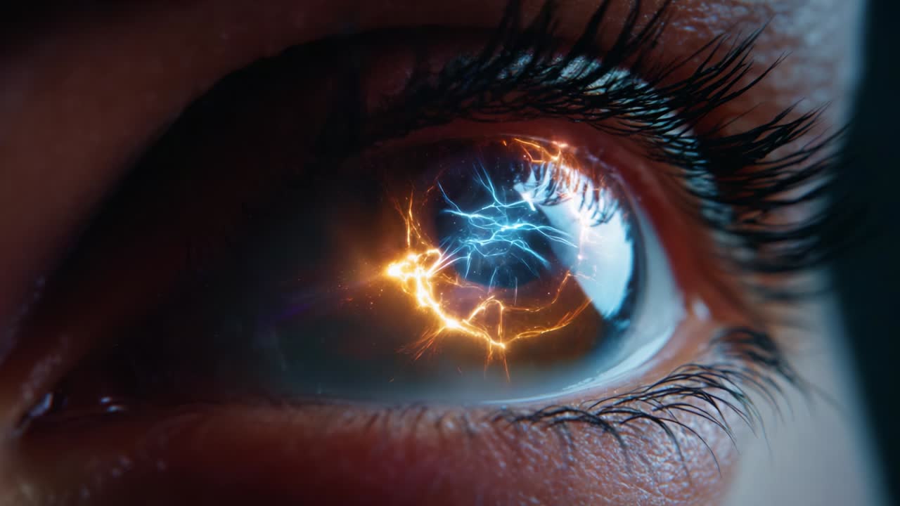 A Captivating Journey Through the Eye: Exploring the Stunning Transformation from Electric Storms to Fiery Patterns, An Intricate Visualization of Inner Worlds and Emotions Captured in Two Frames