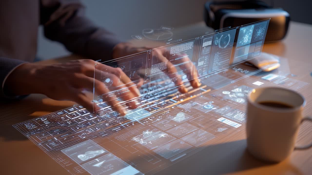 An Innovative Representation of Future Technology: A Close-Up of Hands Interacting with a Holographic Keyboard Display, Crowded with Data and Information, Revealing Modern Digital Interaction and Virtual Environment