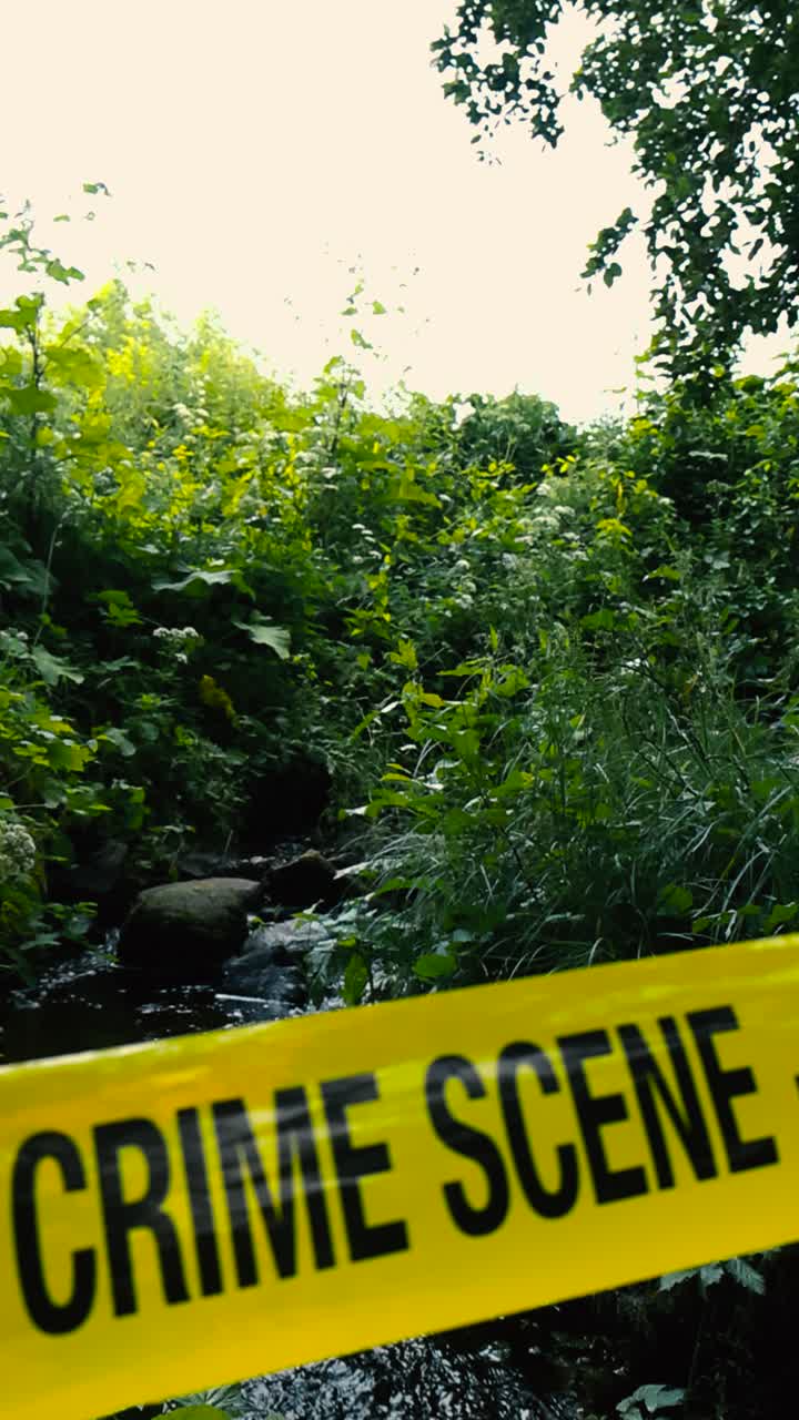 Vertically filmed video of a yellow colored crime scene do not enter police tape ribbon pulled in front and over a small water stream or a river that is flowing in nature through rocks, focus changing