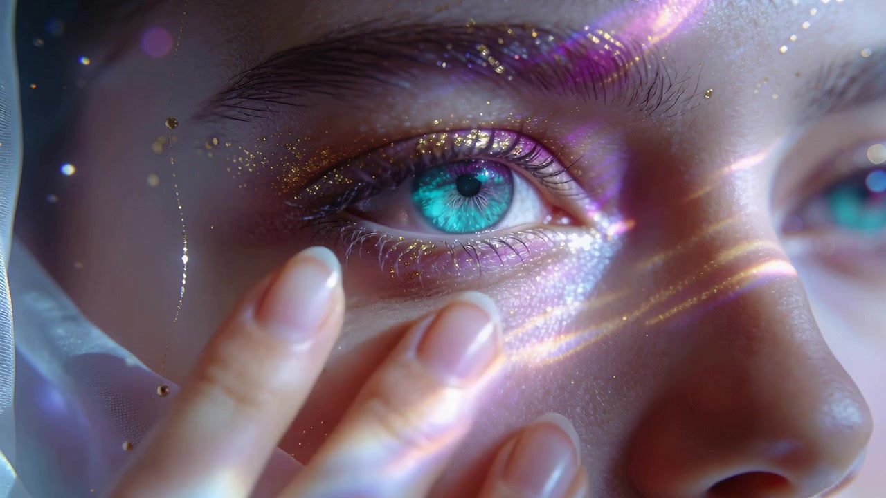 Hand entering lowerleft finger brushing undereye glitter to set makeup in studio, teal eye shining
