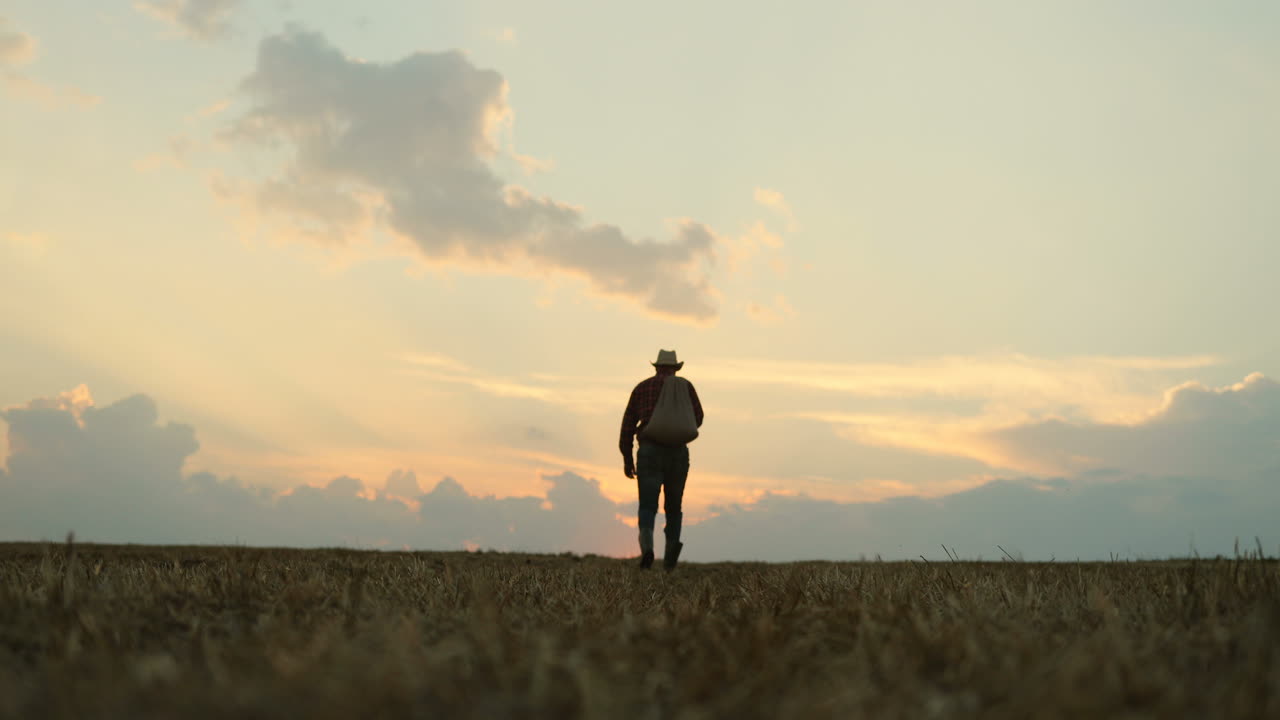 Silhouette of the man with a sack full of grain over his back going away in the field