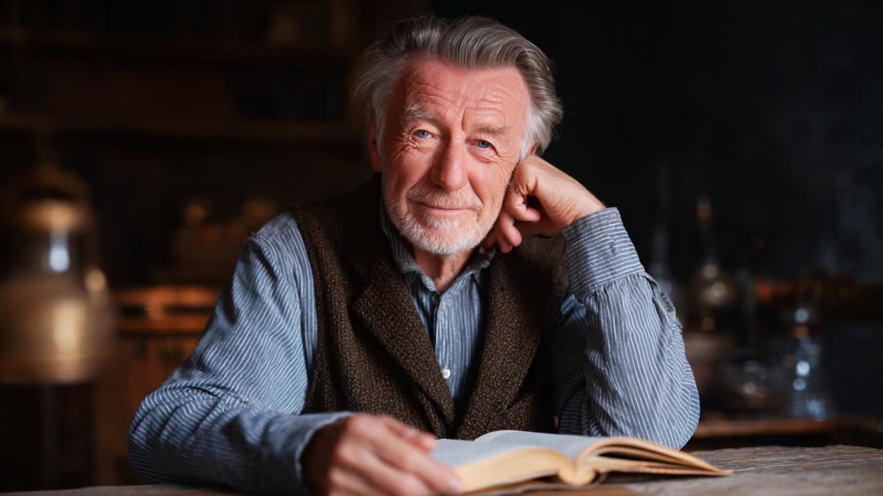 A Warm Smile and Introspection: An Elderly Man Pondering Life While Reading a Book in a Cozy, Rustic Setting, Capturing the Essence of Wisdom and Contentment in a Heartwarming Moment