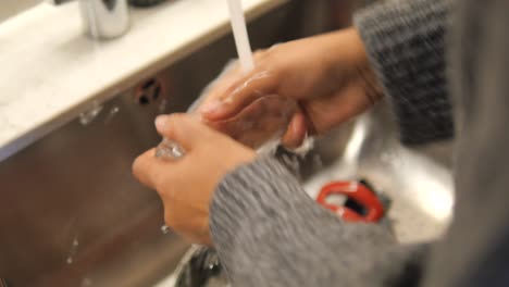 woman washing dishes in the kitchen sink