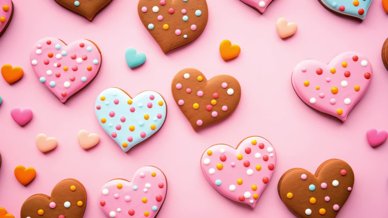 Delicious heart shaped cookies with colorful icing and sprinkles creating a delightful pattern, perfect for celebrating Valentine's Day with a sweet touch on a vibrant pink backdrop