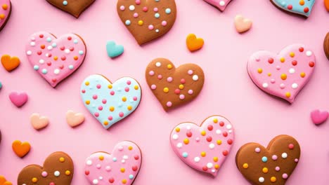 delicious heart shaped cookies with colorful icing and sprinkles creating a delightful pattern, perfect for celebrating valentine's day with a sweet touch on a vibrant pink backdrop