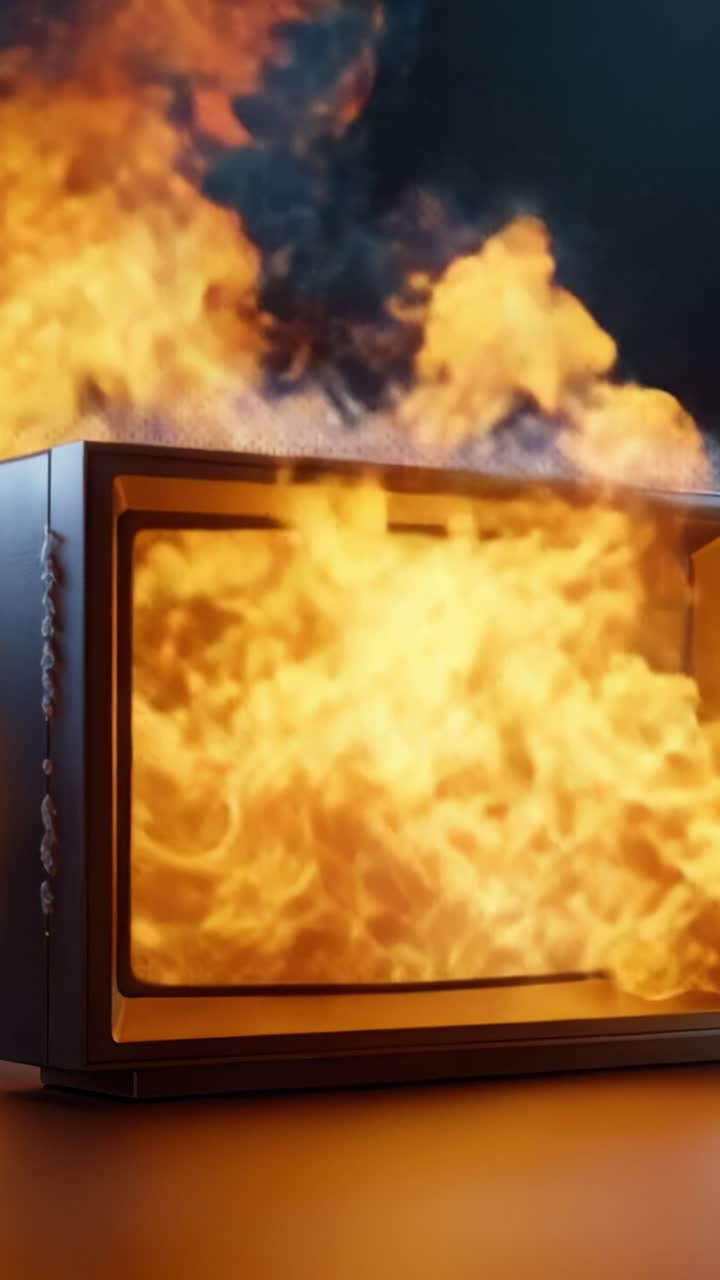 A captivating sequence showcasing a microwave engulfed in flames, illustrating the intense fire and mesmerizing movement of flames engulfing its structure