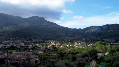 aerial moving forwards of mountain village soller, mallorca