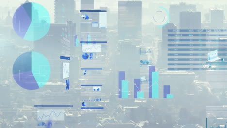 Animation of statistical data processing against aerial view of cityscape
