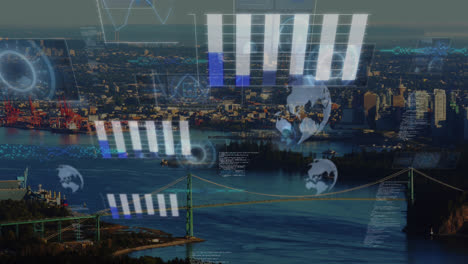 Animación-De-Escáneres-Redondos-Y-Procesamiento-De-Datos-Frente-A-La-Vista-Aérea-Del-Paisaje-Urbano