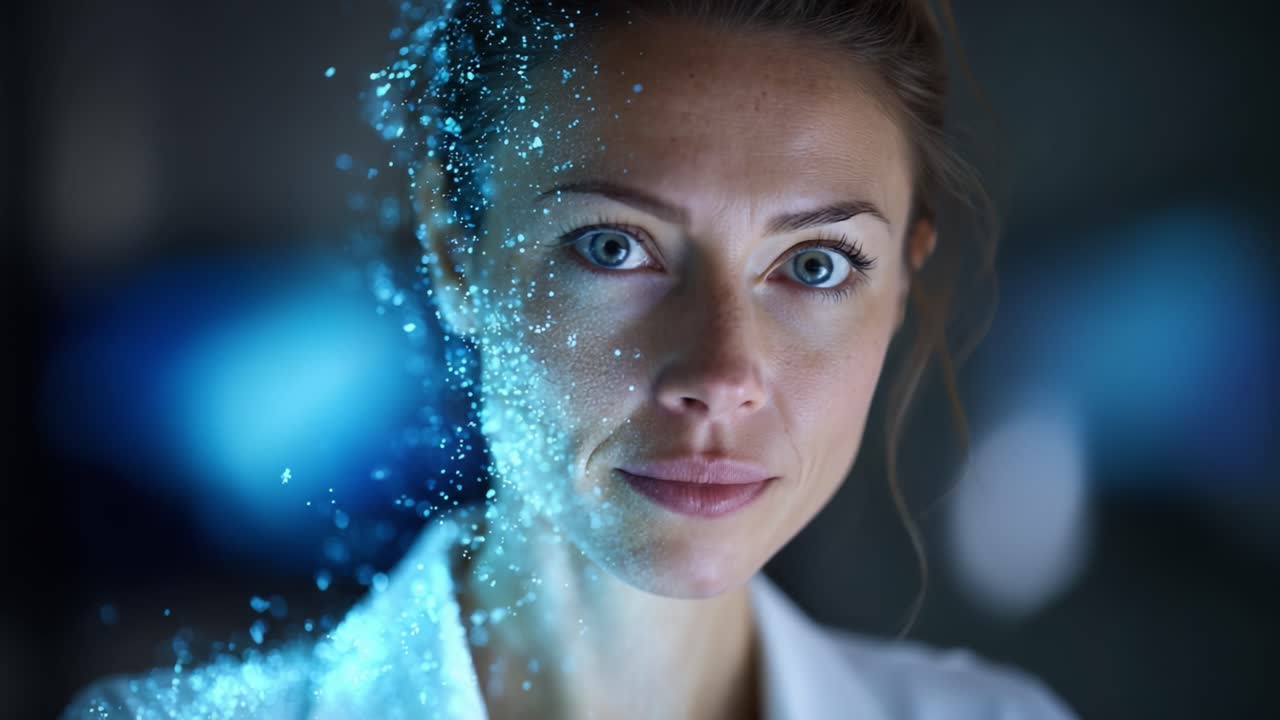 Nærbilde av en kvinnelig forsker med lyseblå øyne som skaper en digital effekt som symboliserer innovasjon og teknologi i en laboratorieomgivelse.