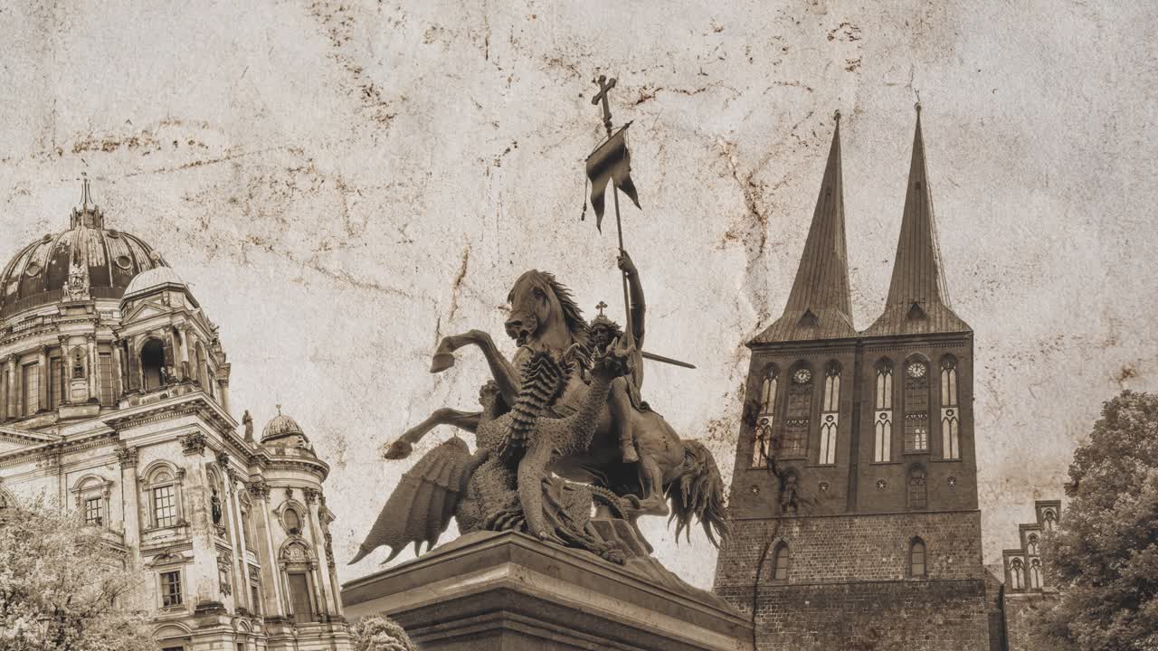 독일의 베를린의 랜드마크를 오래된 빈티지 은 종이에 느린 동작 콜라지, 파랄락스 효과와 함께 창의적인 4k 비디오 루프 애니메이션.