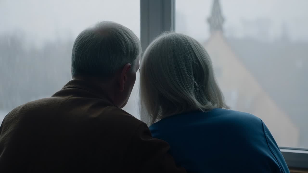 Leaning couple in brown coat watching fog lift at window overlooking city with drops, steeple