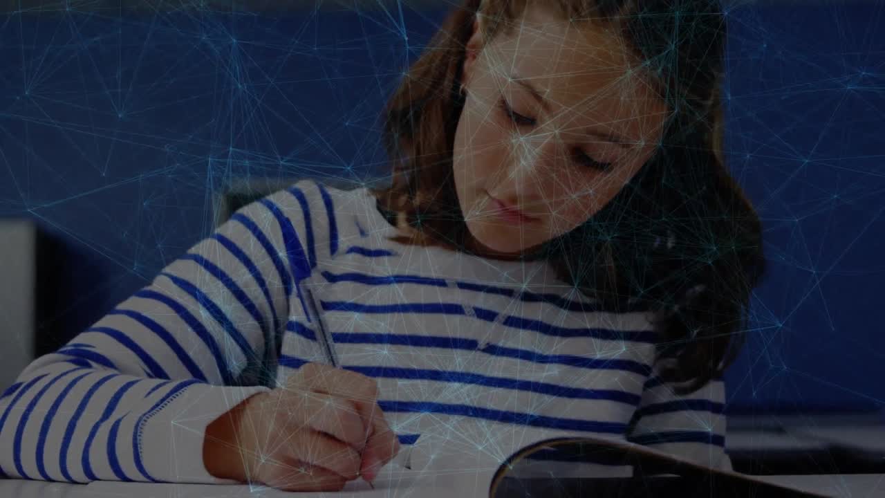 Animation of network of connections over schoolgirl in classroom
