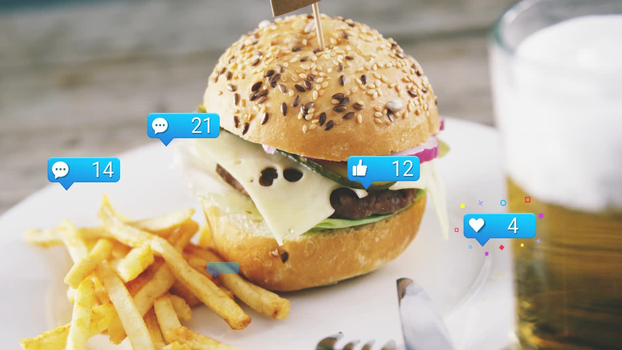 Scene opening sending bubbles appearing, multiplying, floating over burger and fries, driving likes