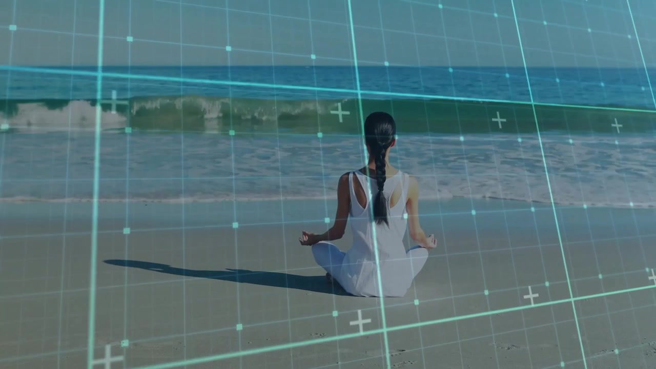 Seated woman meditating on beach, digital grid tech scanning posture and tracking waves for calm
