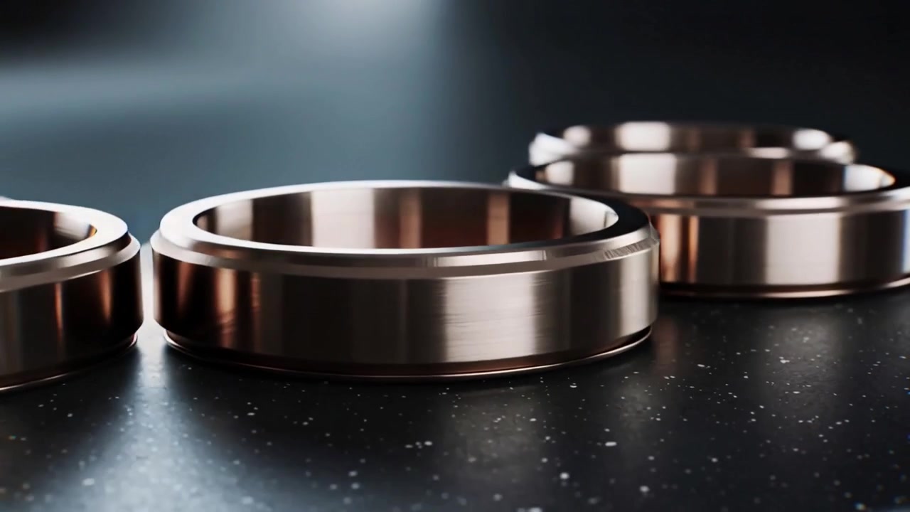 Dolly moving camera closer to copper rings on dark platform with studio lights showing front ring