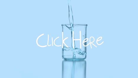 animación de hacer clic aquí sobre líquido vertiendo en vidrio químico