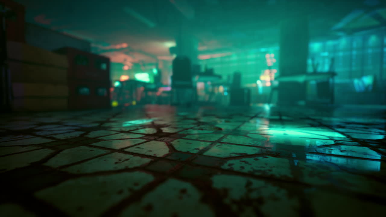 타일로 된 바닥과 초록색 안개를 가진 어고 무서운 버려진 창고