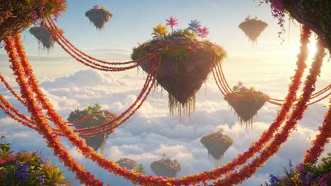 aerial view of floating islands adorned with colorful flowers and vines above a dreamlike cloudscape at sunrise, creating a magical and ethereal atmosphere