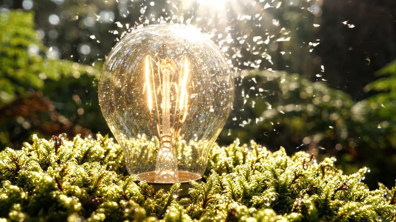 A Luminescent Lightbulb Surrounded by Nature: Capturing a Beautiful Moment of Light in the Forest with Sparkling Water Droplets
