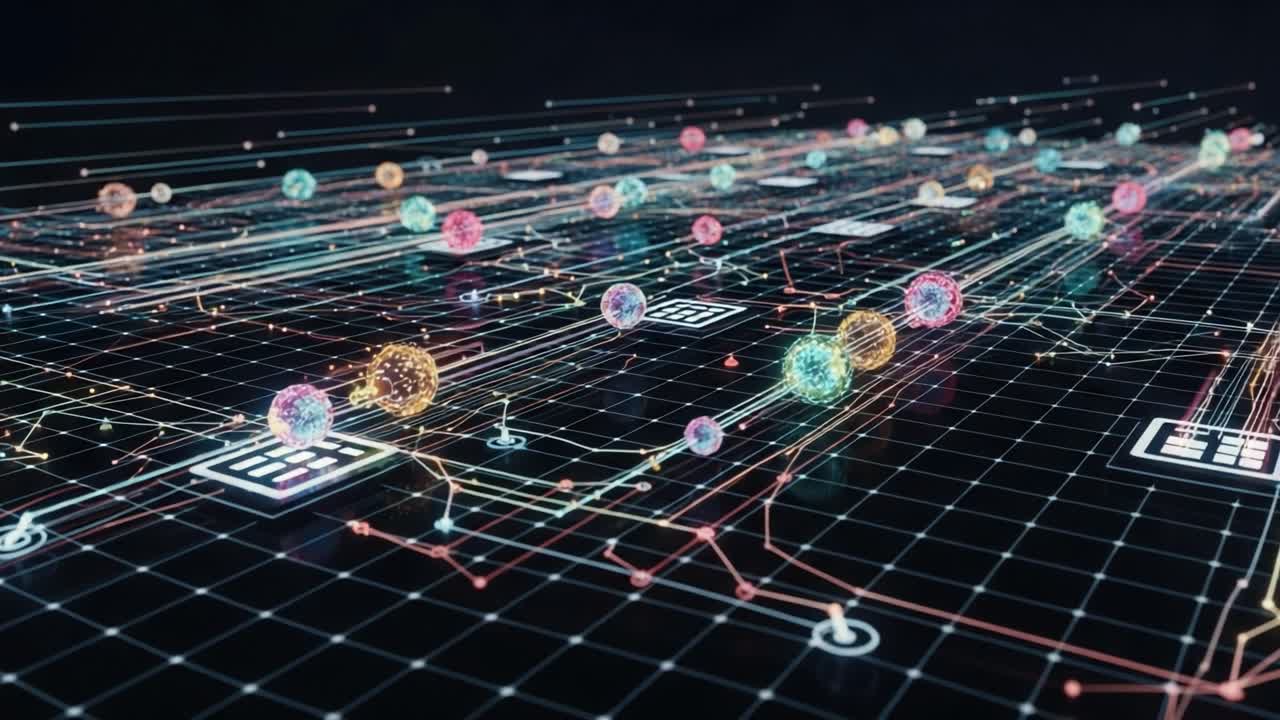 Dynamic Visualization of Quantum Particles in a Digital Network: Connecting Elements and Data Streams through Colorful Nodes and Grid Patterns