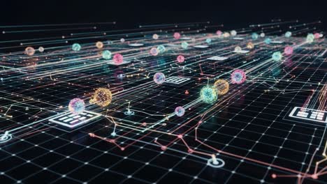 dynamic visualization of quantum particles in a digital network: connecting elements and data streams through colorful nodes and grid patterns