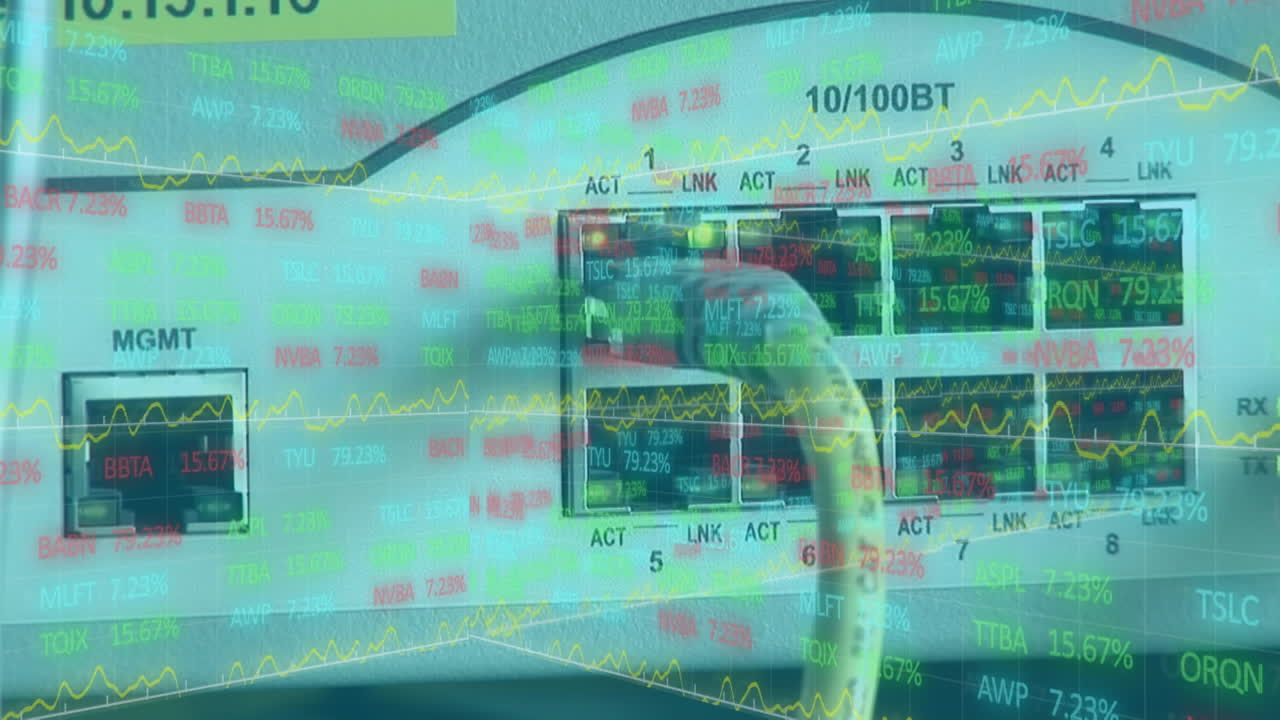 기술 장비에 연결된 케이블을 통해 데이터 처리를 하는 통계의 애니메이션