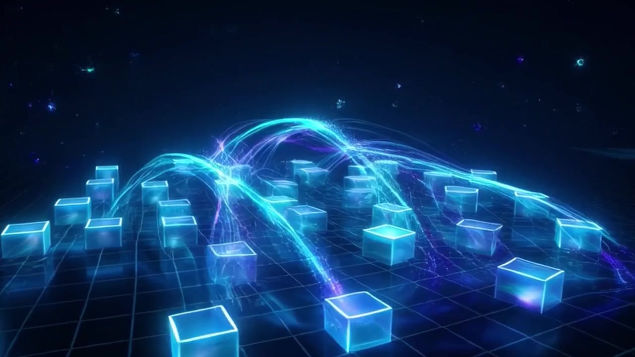 Abstract Digital Grid with Glowing Blue Cubes and Data Streams