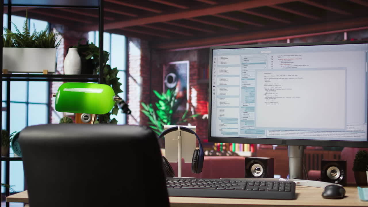 Code editor on computer screen in home office used for building applications