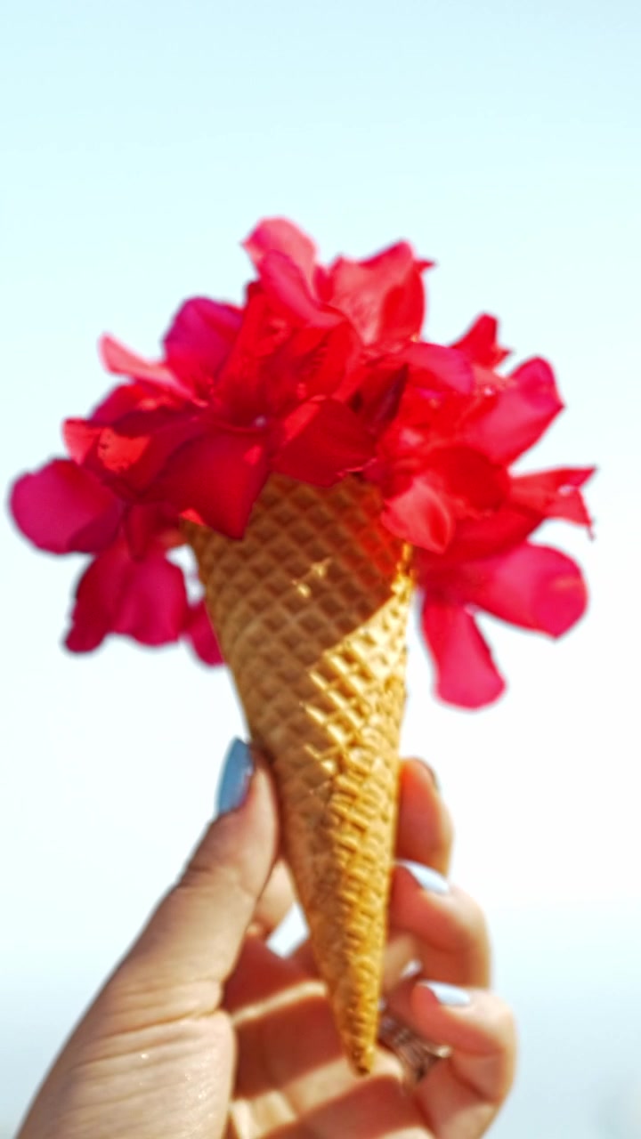 Composizione con fiore rosso e cono waffle