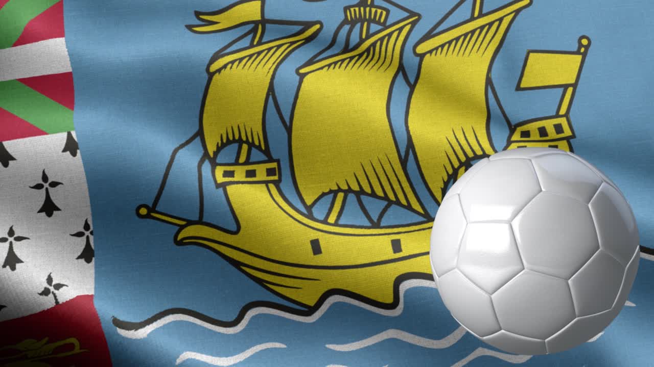 bandera de saint pierre y miquelon y pelota de fútbol - bandera de saint pierre y miquelon con alto detalle - bandera nacional de saint pierrey miquelon patrón de ondas elementos en bucle