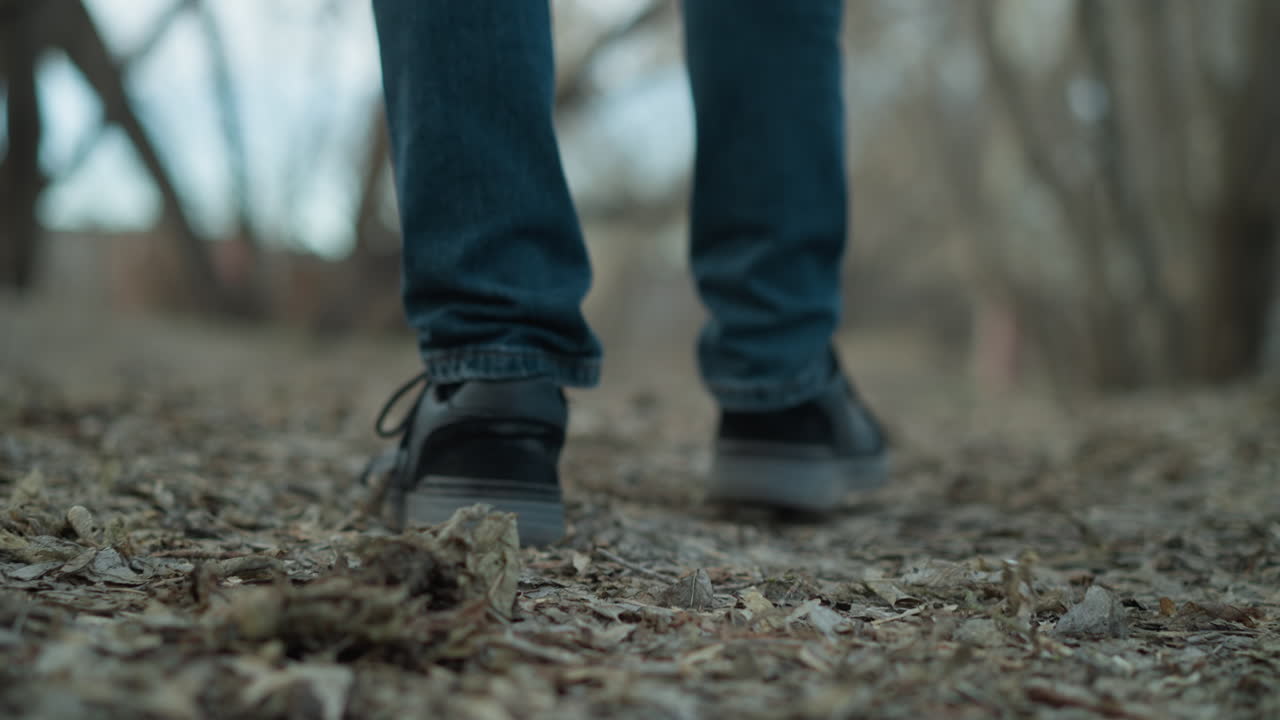 primer plano de los pies de una persona con zapatillas negras caminando por un sendero forestal cubierto de hojas