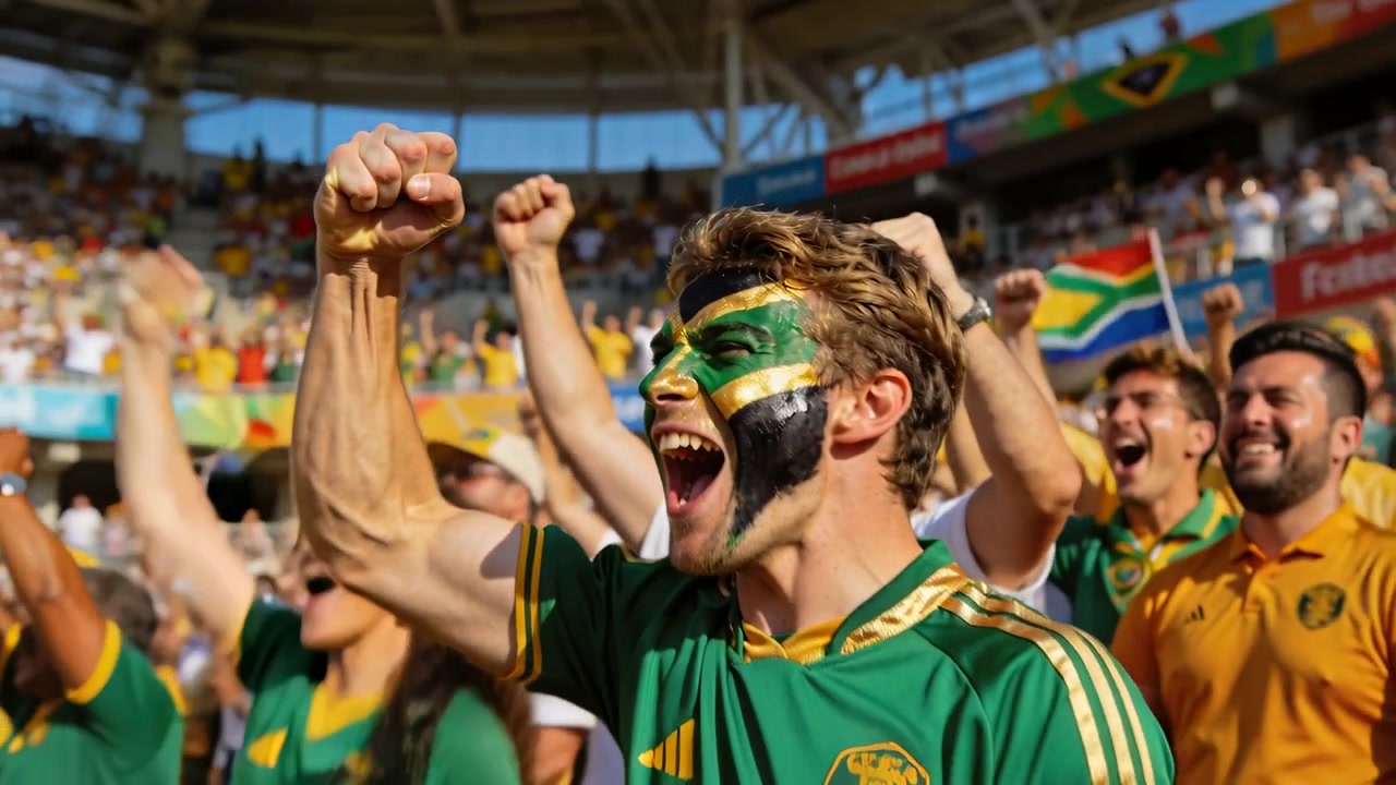 Aficionado con la cara pintada y camiseta verde número 19 animando, levantando el puño y gritando después de la jugada del partido en la grada, con banderas.